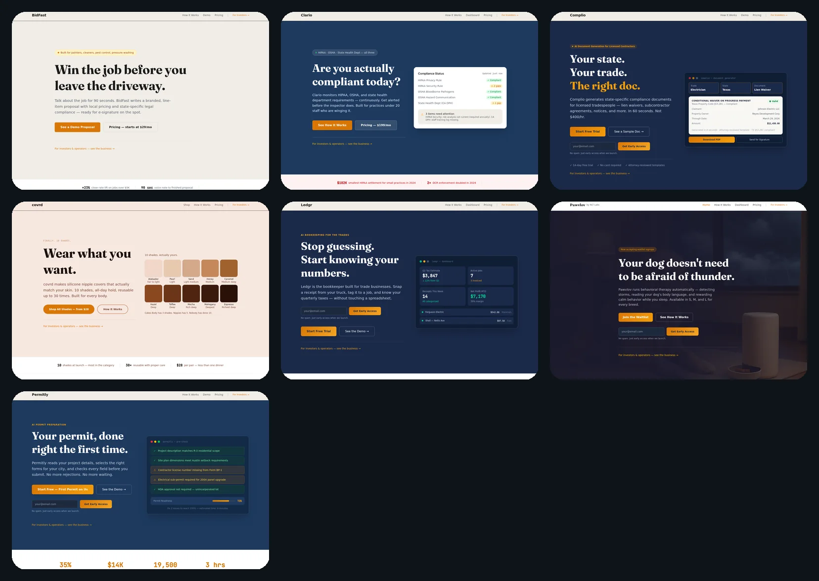 Collage of demo sites generated by the NLT Labs PE→POC pipeline