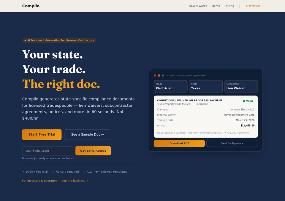 Compliance Docs for Trade Contractors demo site preview