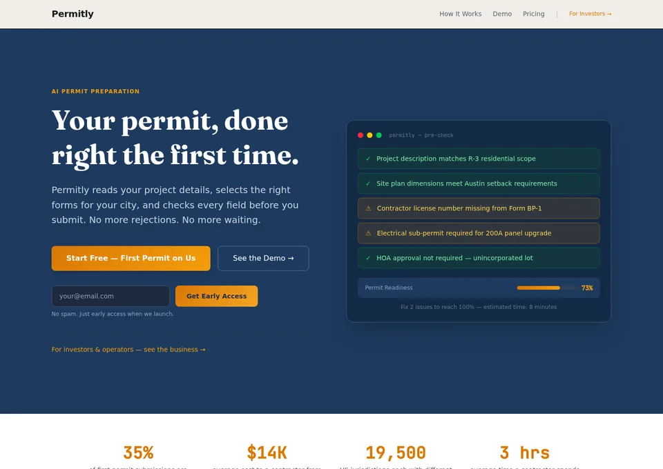 Stamped — Permits, prepared. demo site screenshot
